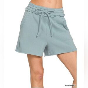 NWOT Zenana Blue Grey FLEECE RAW HEM SHORTSWITH DRAW STRING